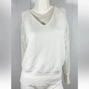 ZCSIA Sz L V-Neck Long Lace Mesh Sleeve Solid White Ribbed Knit Pullover